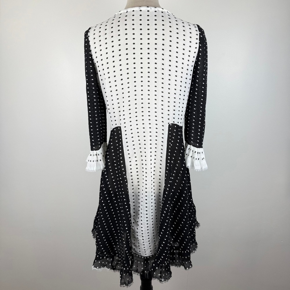 Black & White Polka Dot Ruffle Mini Dress Square Neck 3/4 Sleeve Textured Boho - Picture 5 of 7